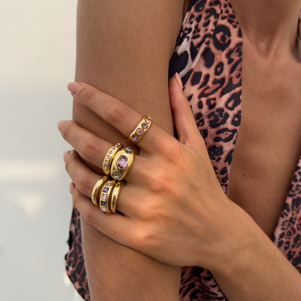 Fashionable Hollow Inlaid Irregular Ring Vintage Alloy Wrinkled Ring Set