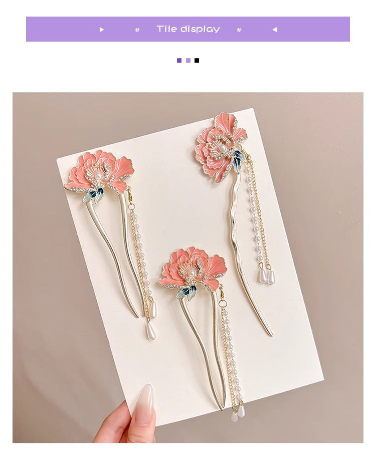 National Style Peony Flower Hairpin for Women 2025 New Super Fairy Step Shake Tassel Hair U-shaped Hairpin Cheongsam Hanfu Hairpin
