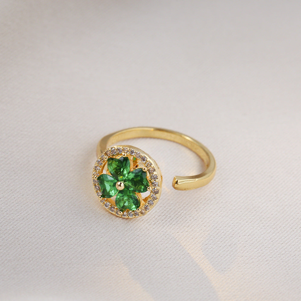 Rotating Ring for Women with Micro Paved Zircon, Elegant and Minimalist Style, Versatile Full Diamond Round Clover Ring Jewelry