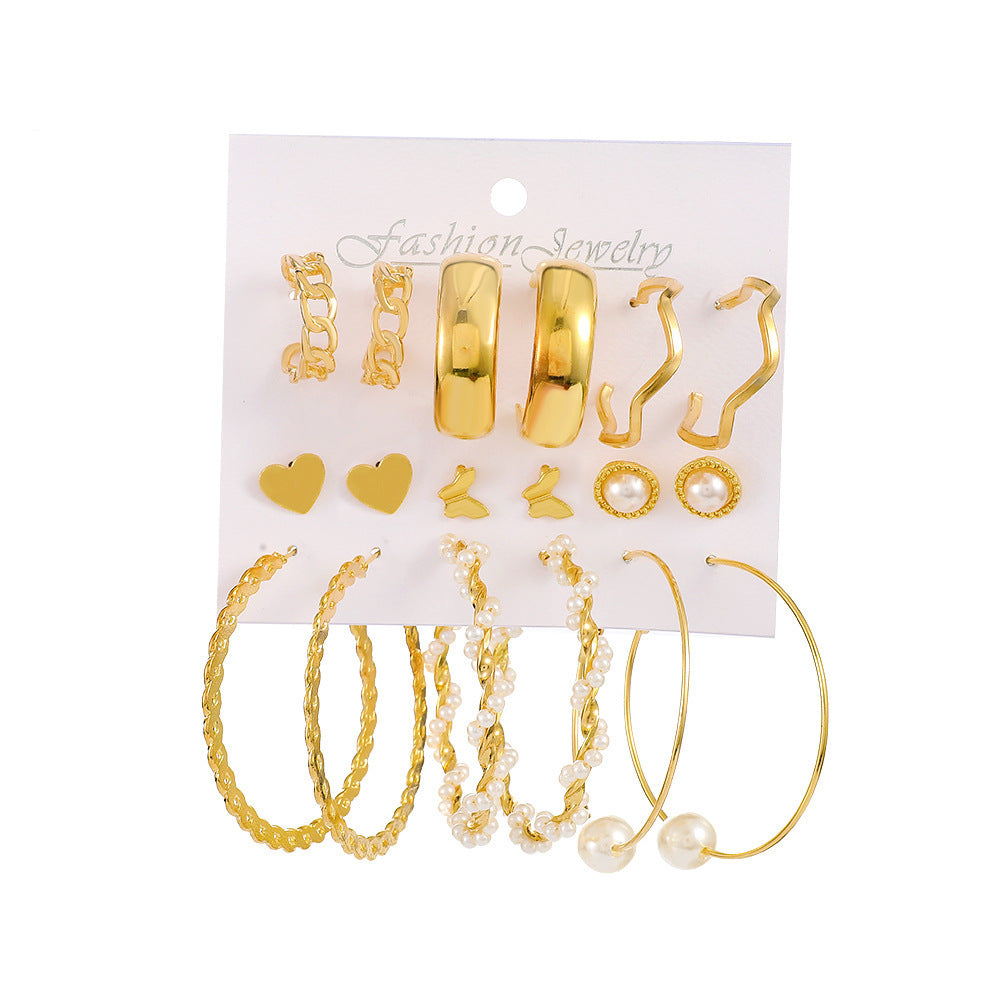 Exaggerated Faux Pearl Earrings 9-Piece Set Vintage Alloy Geometric Hoop Earrings Set Jewelry