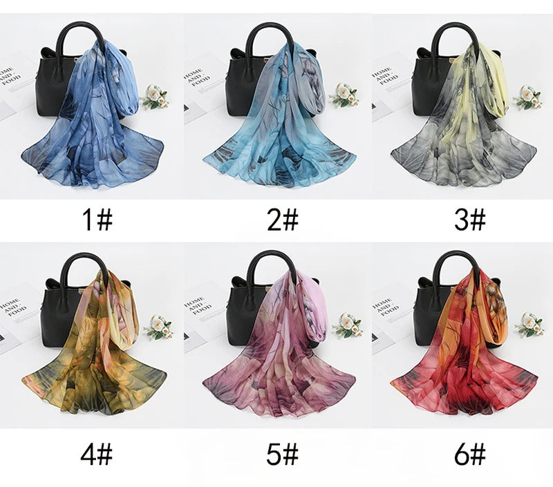 Lotus Print Chiffon Scarf Fashionable Lightweight Neck Scarf For Women Summer Neck Sun Protection Silk Scarf Shawl 150*50cm