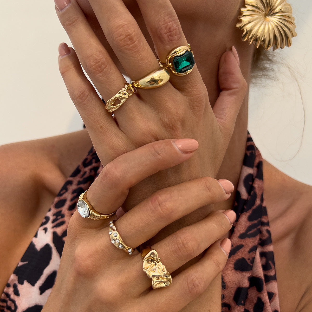 Fashionable Hollow Inlaid Irregular Ring Vintage Alloy Wrinkled Ring Set