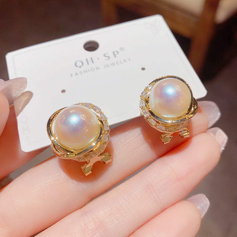 S925 Silver Needle Korean Fashion Simple Diamond-Studded Wrapped Pearl Earrings Exquisite Petite Versatile Socialite Earrings