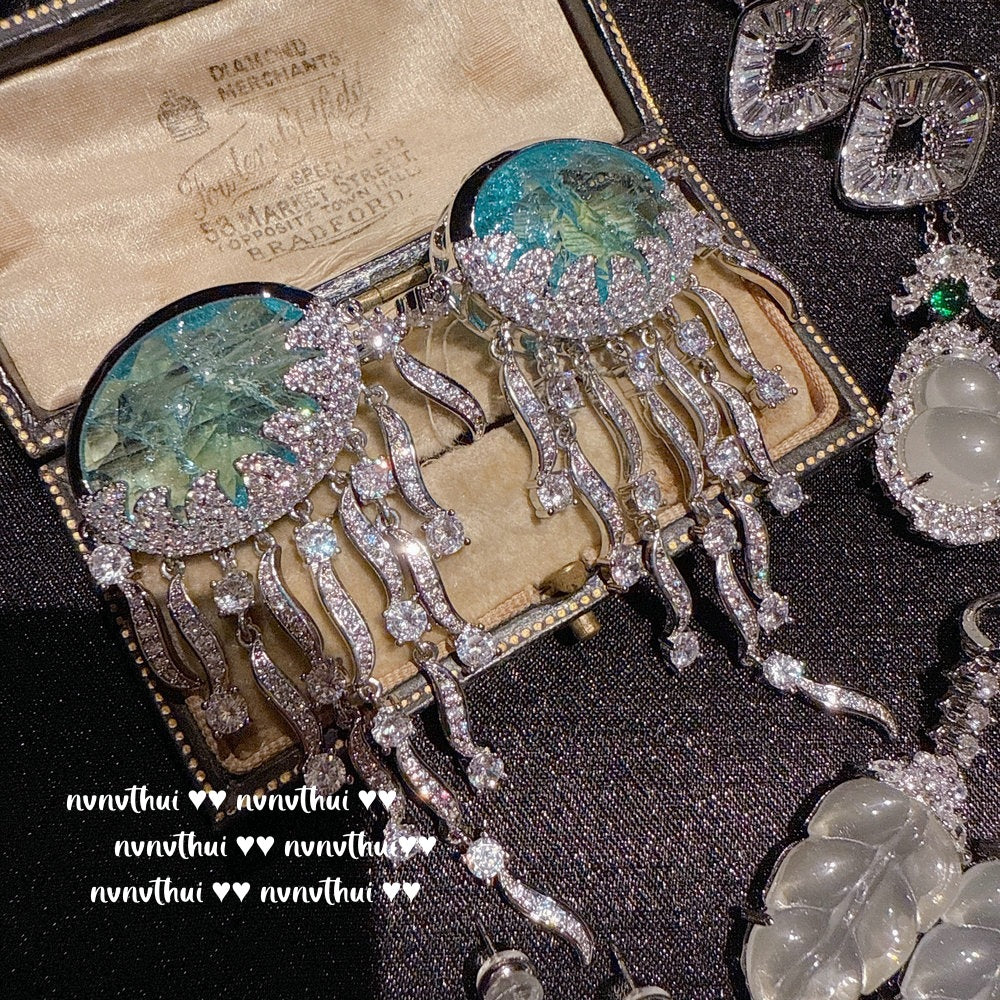 Sparkling PA Pink Cloud Pattern Jellyfish Tassel Gem Earrings Rich Woman's Happy Egg-Shaped Princess Pink Earrings