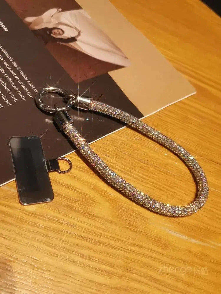 1pc Short Full Diamond Mobile Phone Lanyard Women's Small Fragrant Wind Short Wrist Case Universal Anyard Metal Clip Lanyard