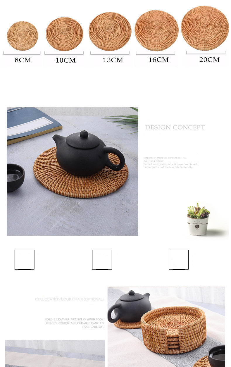 In Stock Vietnam Rattan Coaster Handmade Round Tabletop Tea Coaster Autumn Rattan Dining Table Western Food Mat Heat Insulation Tea Set Accessories