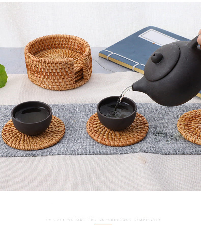 In Stock Vietnam Rattan Coaster Handmade Round Tabletop Tea Coaster Autumn Rattan Dining Table Western Food Mat Heat Insulation Tea Set Accessories
