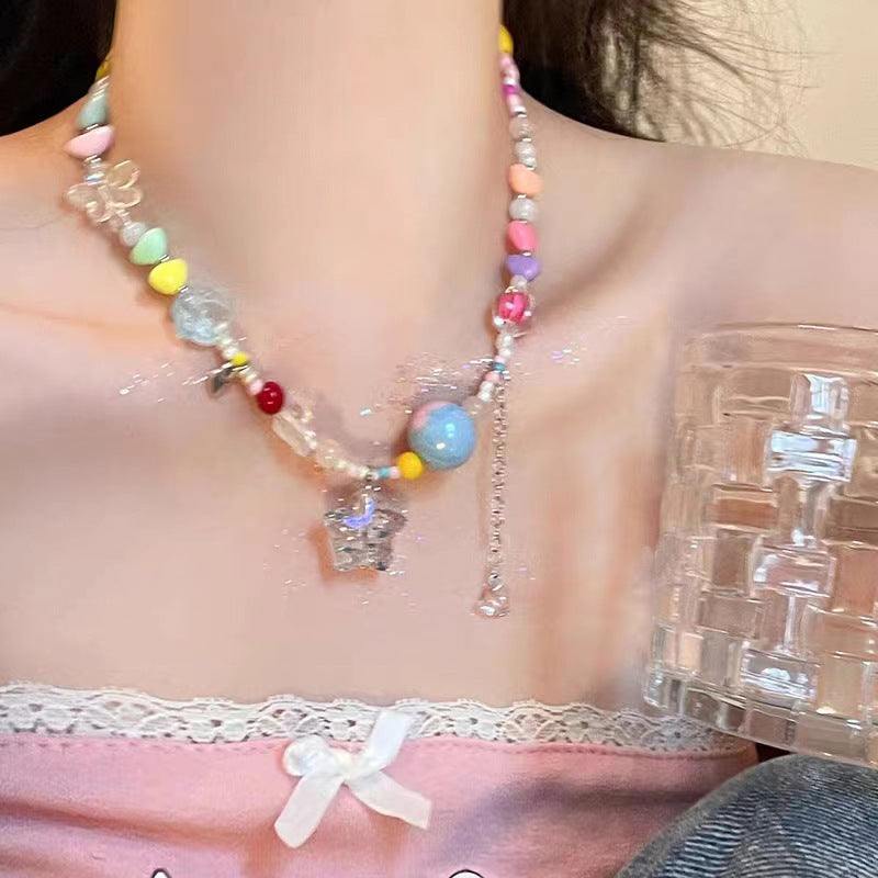 Candy Color Dopamine Necklace for Women Versatile Niche Design Beaded Choker Chain Sweet Cool Girl Neck Chain Internet Celebrity Jewelry
