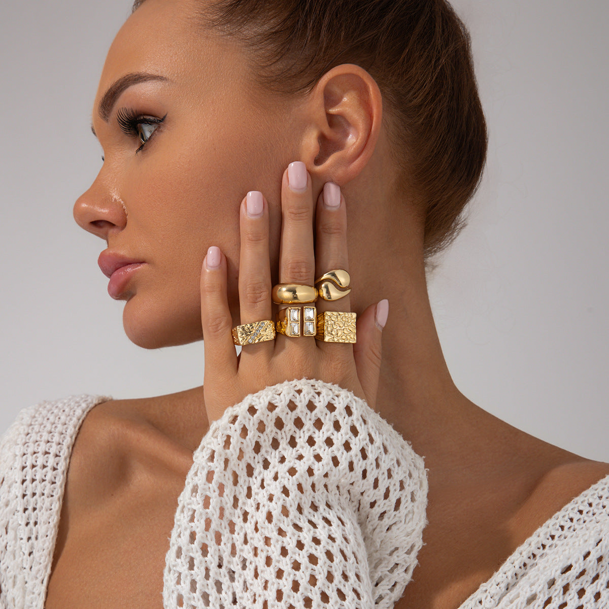 Fashionable Hollow Inlaid Irregular Ring Vintage Alloy Wrinkled Ring Set