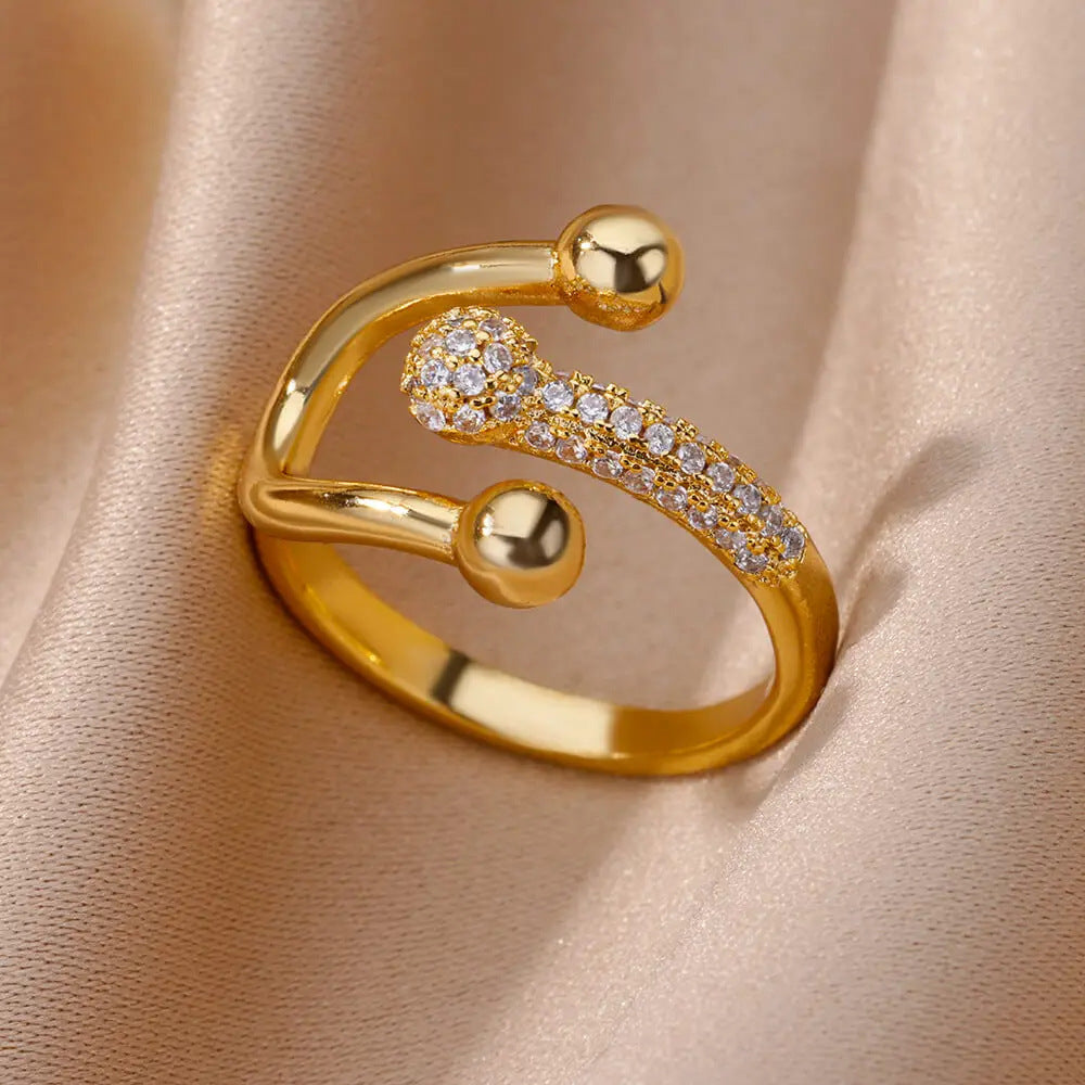 Hot Selling 18K Gold-Plated Full Diamond Titanium Steel Colorfast Open Ring Female Zircon Leaf Ring Female High Sense