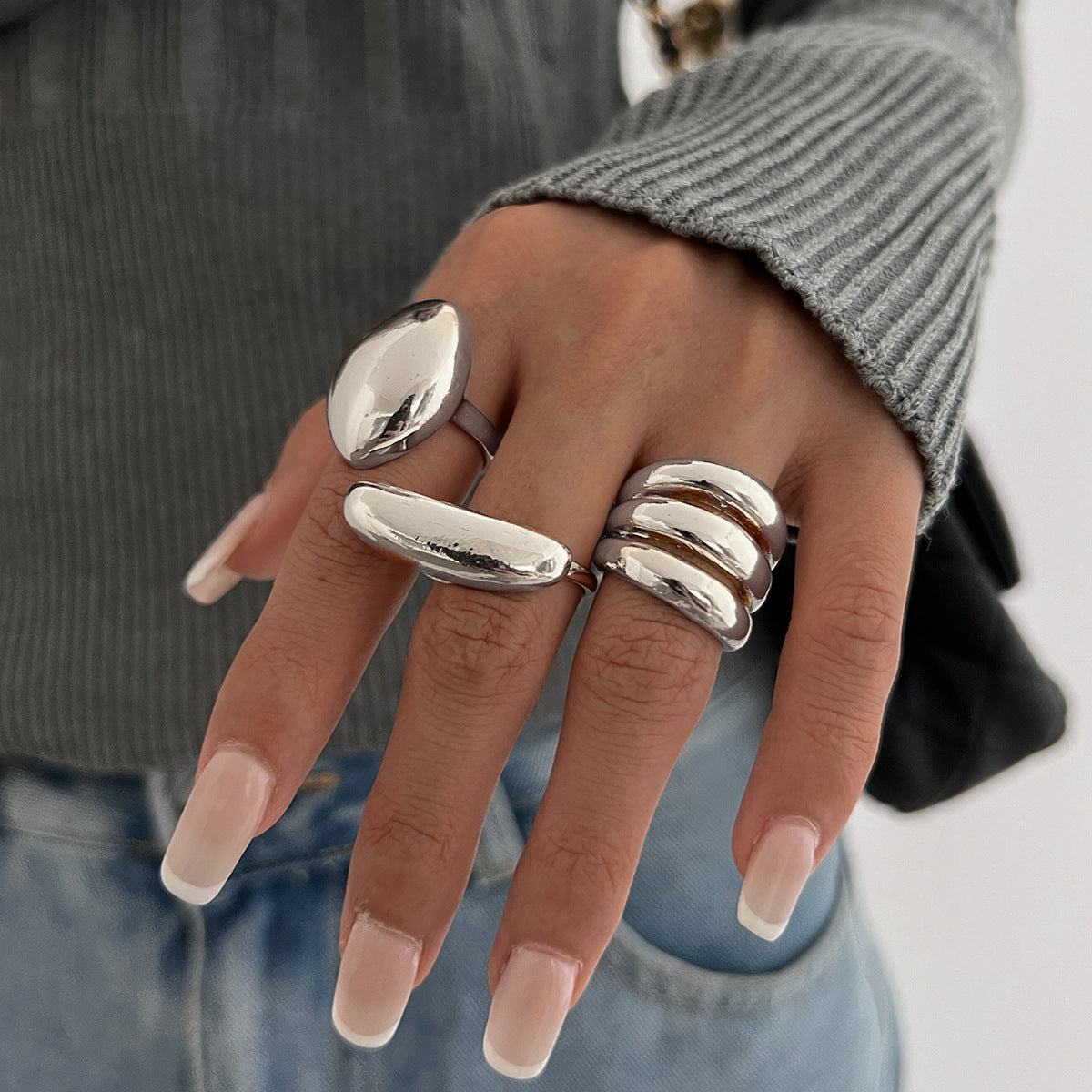 Hand Jewelry Personality Smooth Irregular Geometric Joint Ring Hip Hop Style Women's Ring Set