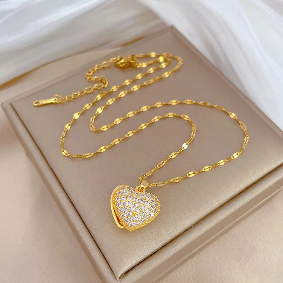 ZAKOL Classic Gold Color Stainless Steel Necklace For Women Shiny Zircon Geometric Heart Pendant Necklaces Jewelry Gift