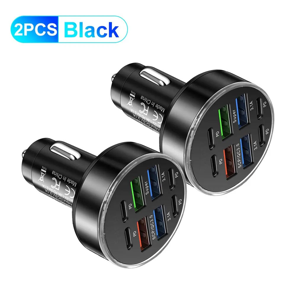 100W 8 Ports Car Charger Fast Charging PD QC3.0 USB C Car Phone Charger Type C Adapter in Car For iPhone Samsung Huawei Xiaomi