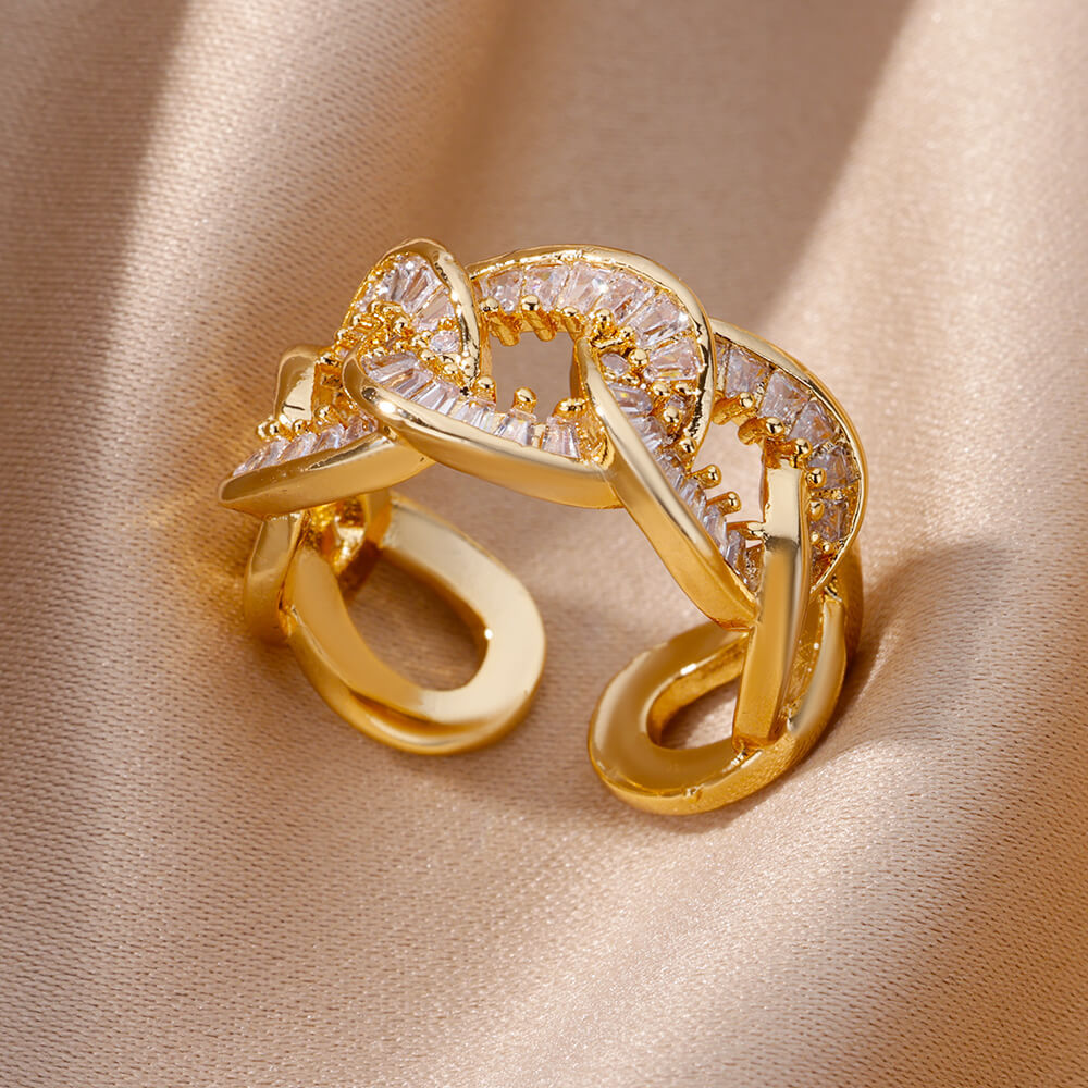 Hot Selling 18K Gold-Plated Full Diamond Titanium Steel Colorfast Open Ring Female Zircon Leaf Ring Female High Sense