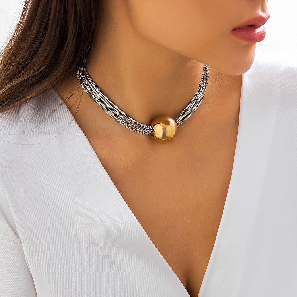Cross-Border Exaggerated Punk Multi-Layer Chain Stacked Necklace Simple Niche Geometric Ball Personality Choker Necklace