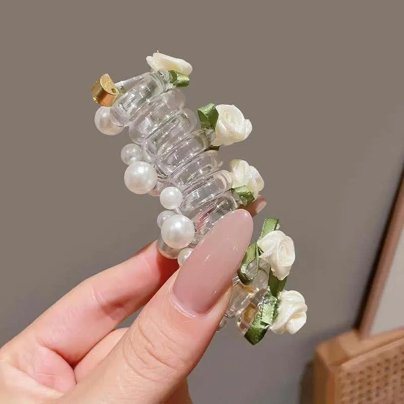 New Rose Flower Telephone Phone Line Hair Rope for Women Girls Elastic Pearl Ponytail Hair Loop Headwear Hair Accessories