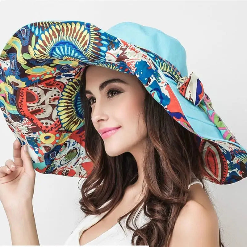 Sun Hats for Women Summer Large Beach Hat Flower Printed Wide Brim Bob Chapeu Panama Feminino