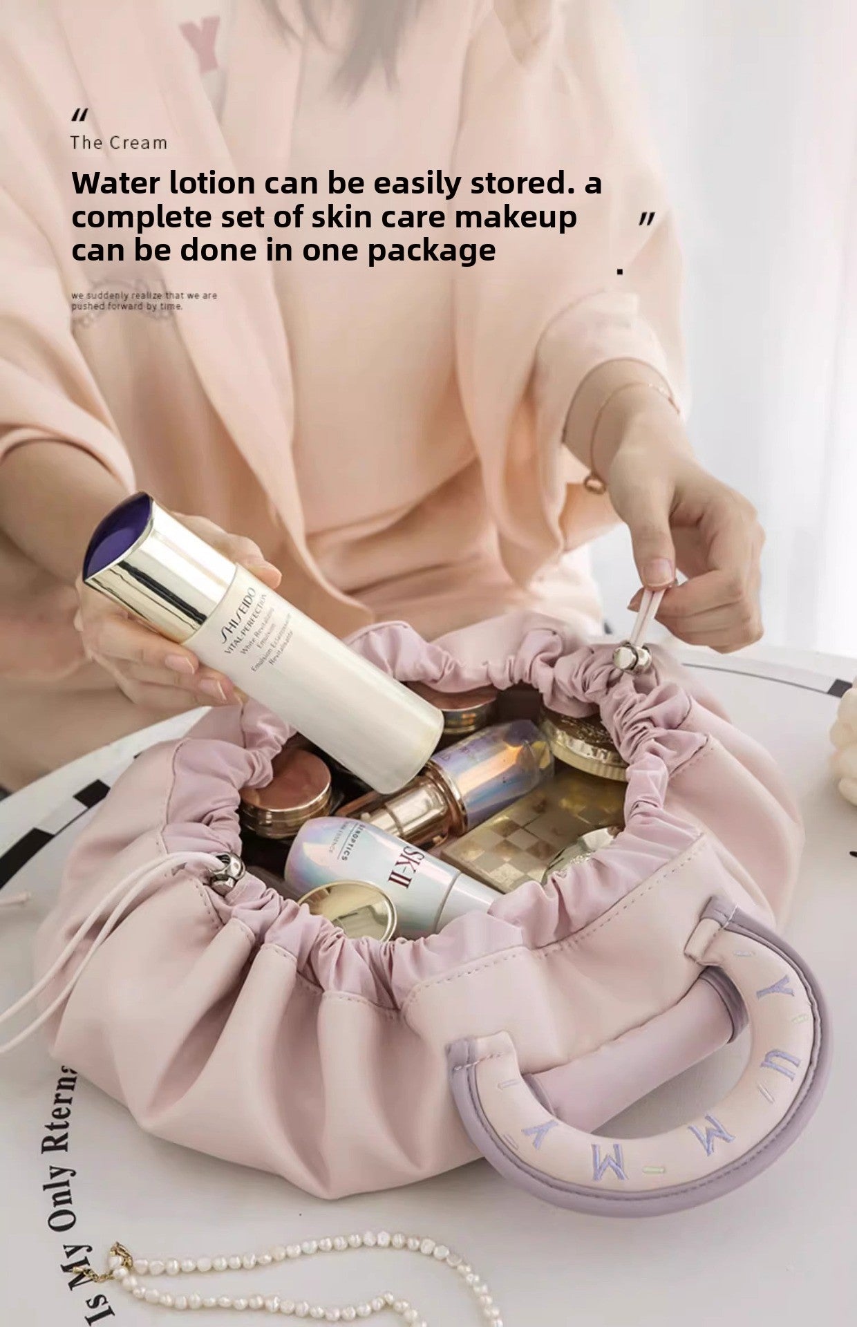 Lazy Makeup Bag for Women, Large Capacity Travel Storage Bag, Flat Drawstring Cosmetic Toiletry Bag for Men