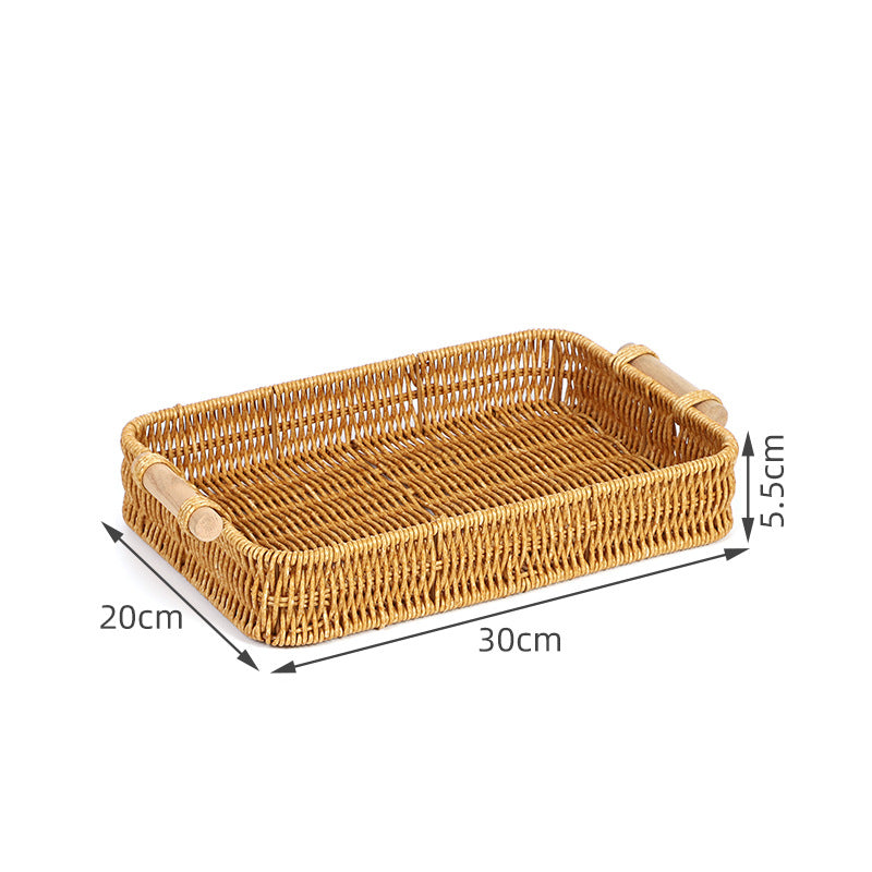 Fruit Plate Hand-Woven Japanese Bread Basket Steamed Bun Basket Living Room Household Storage Basket Rattan Double Ear Tray