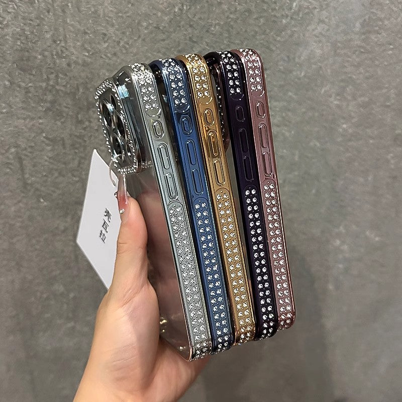 Double Row Diamond Compatible with iPhone 15 Pro Max Phone Case Electroplated Diamond Inlaid Transparent Soft Case Apple 16 Full Coverage Anti-drop