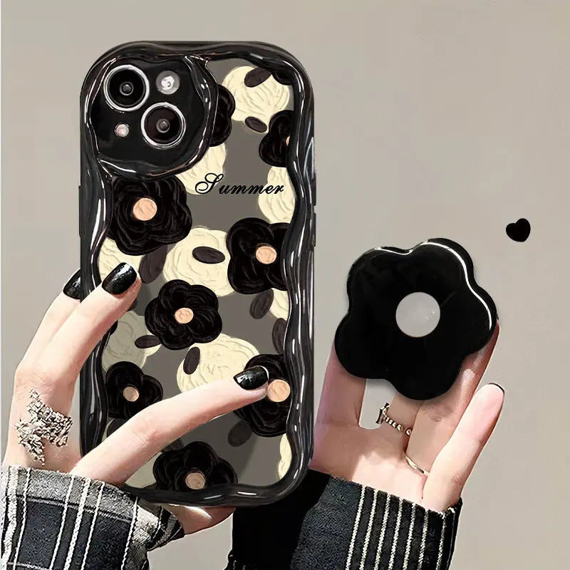 Floral Flower Bracket Case Cover for Samsung Galaxy S24 FE S25 S22 S23 Ultra Plus 5G A55 A35 A54 A15 A16 5G A05S A05 Wavy Shell