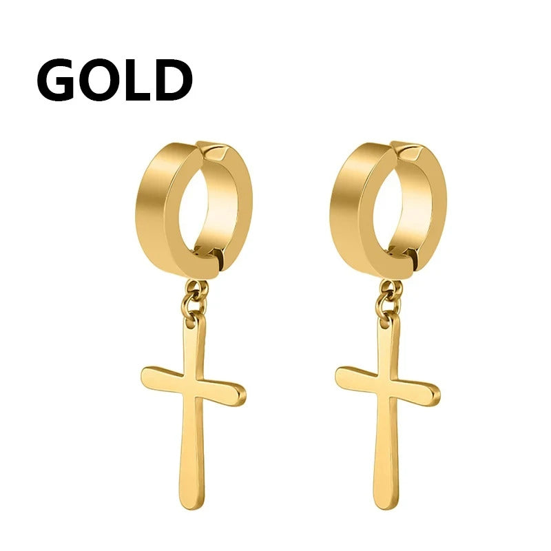 1 Pair Punk Stainless Steel Cross Stars Pendant Ear Clip No Piercing Earrings For Women Hiphop Fashion No ear hole Men Jewelry
