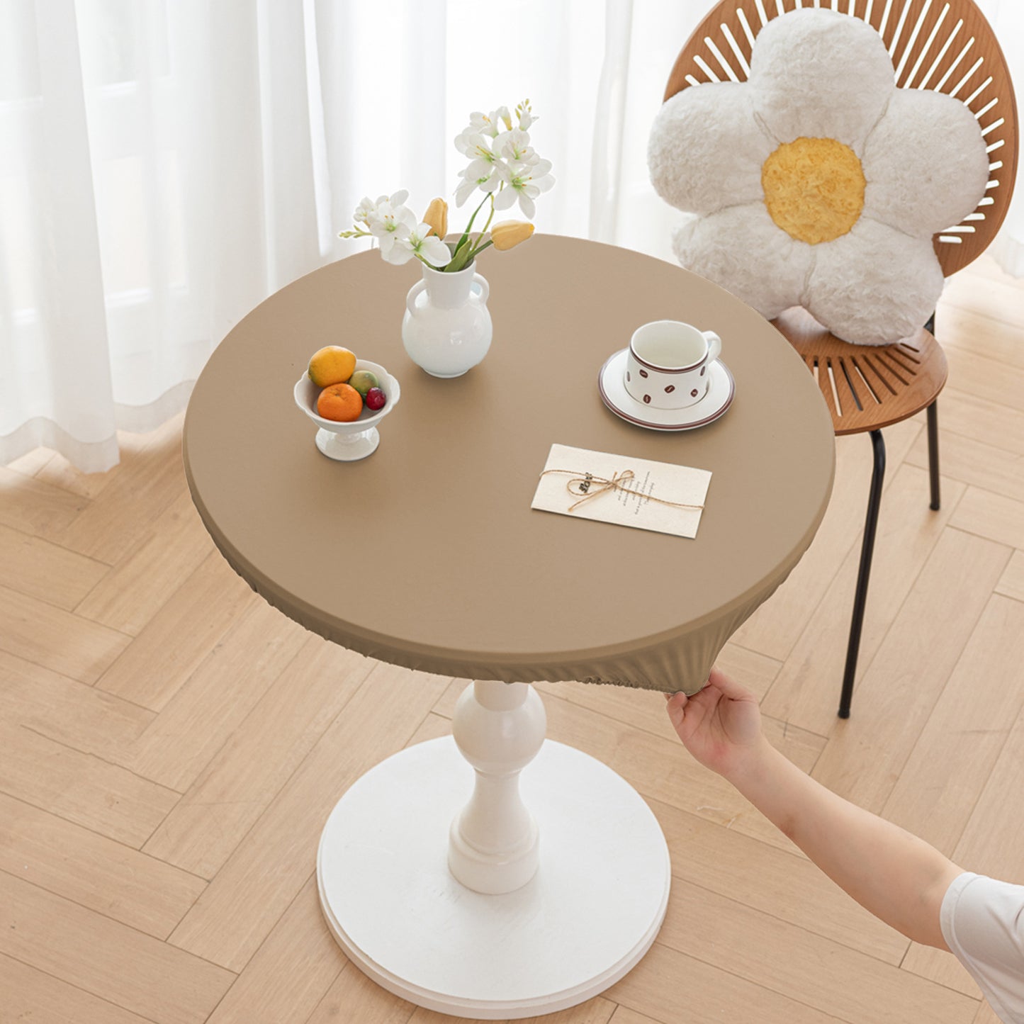 All-inclusive Stretch Household Dining Table Set Leather Non-washable Round Table Set Simple Solid Color Round Leather Cover Dustproof Non-slip