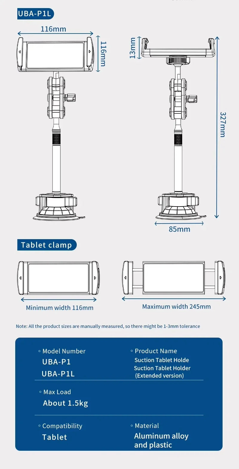 Aluminum Alloy Car Tablet Holder, 360° Rotatable Adjustable Stand with Strong Suction Cup Mount for 4-12.9" Tablets/Phones