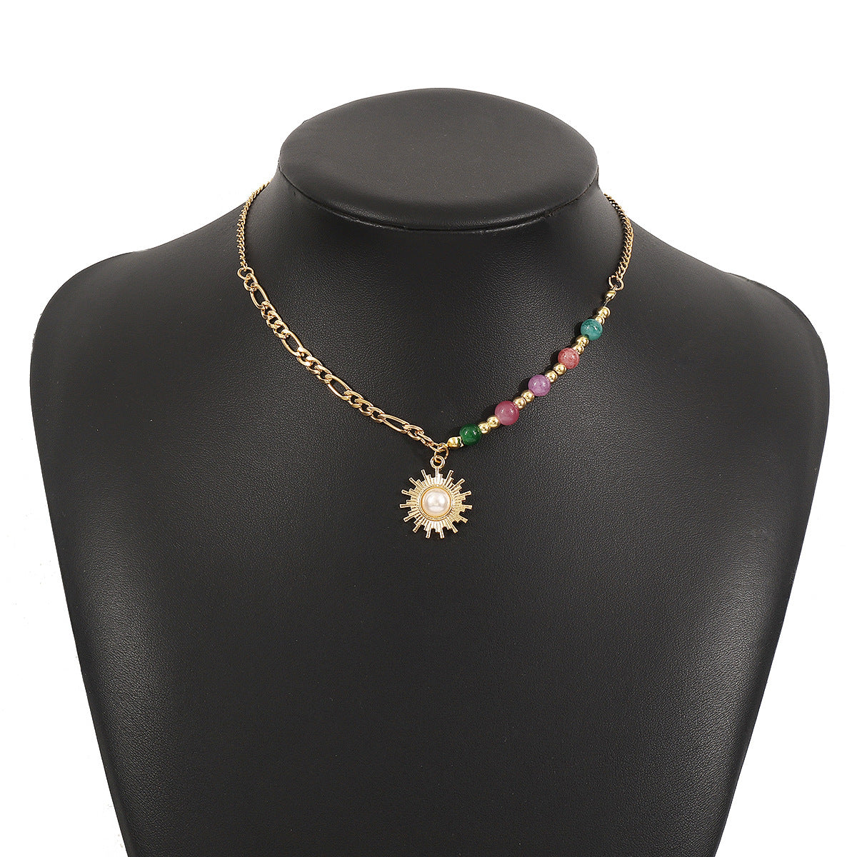 N12095 New Chinese Retro Sun Inlaid Pearl Necklace Ins Style High Sense Micro Glass Bead Twin Clavicle Chain