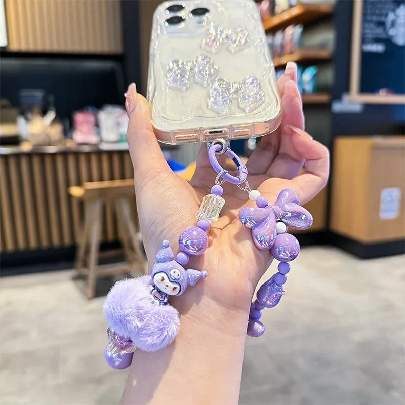 Sanrio Hello Kitty Melody Hairball Mobile Phone Chain Camera Pendant Kuromi Hand Painted Beaded Kawaii Bracelet Key Chain Gift