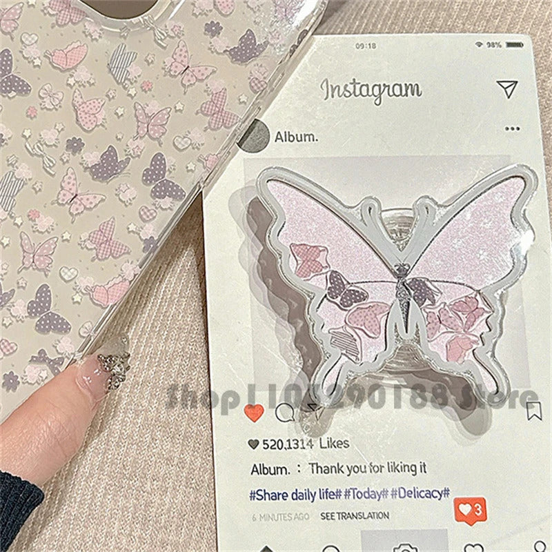 Korean Cute Cartoon Quicksand Butterfly Grip tok GripTok Bracket For iPhone 16 Universal Phone Holder Ring Support Phone Stand