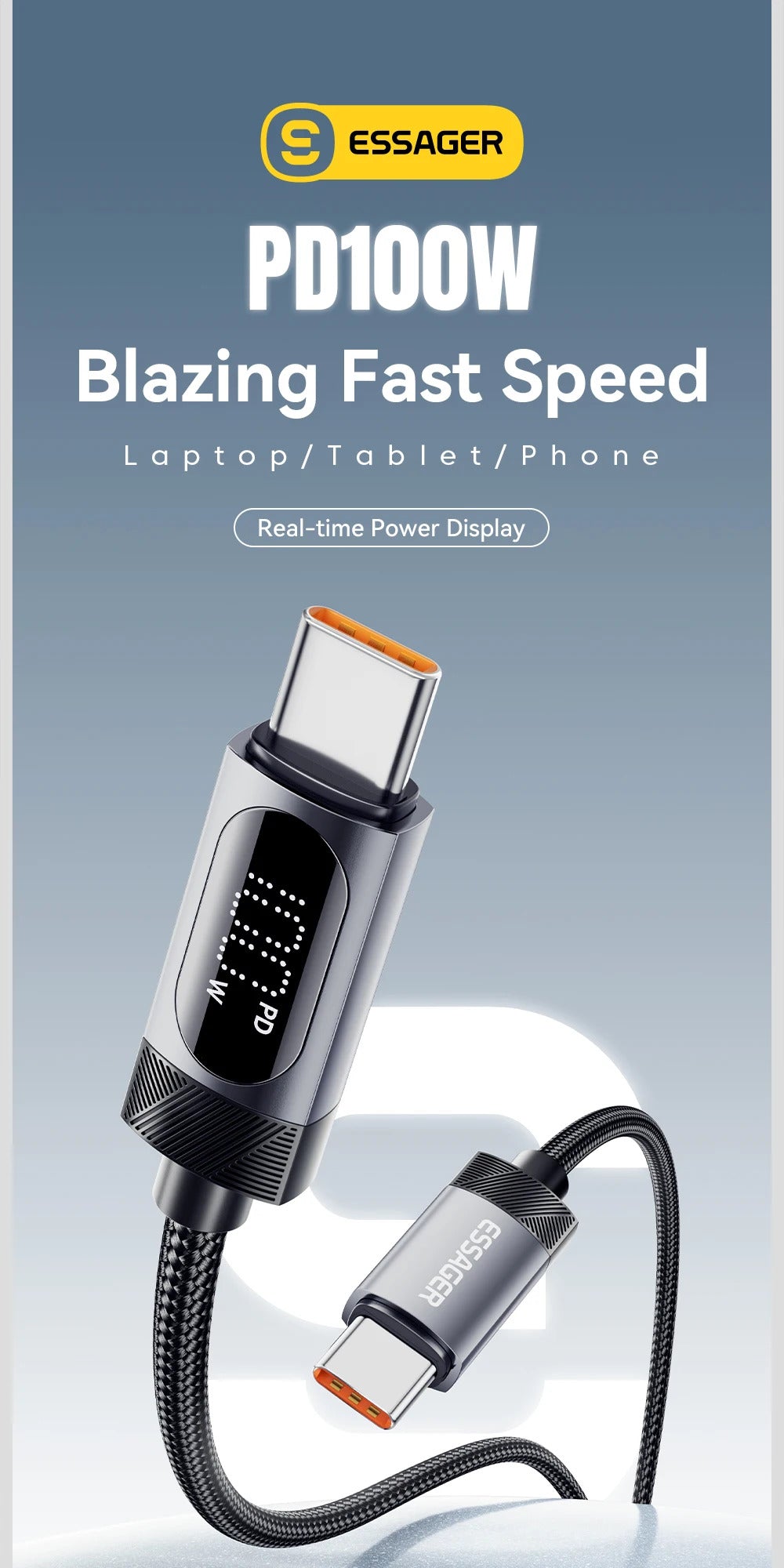 Essager Digital Dispaly USB C Cable For iPhone 16 15 Xiaomi Huawei 100W PD Fast Charging For Macbook iPad Type C to Type C Cable