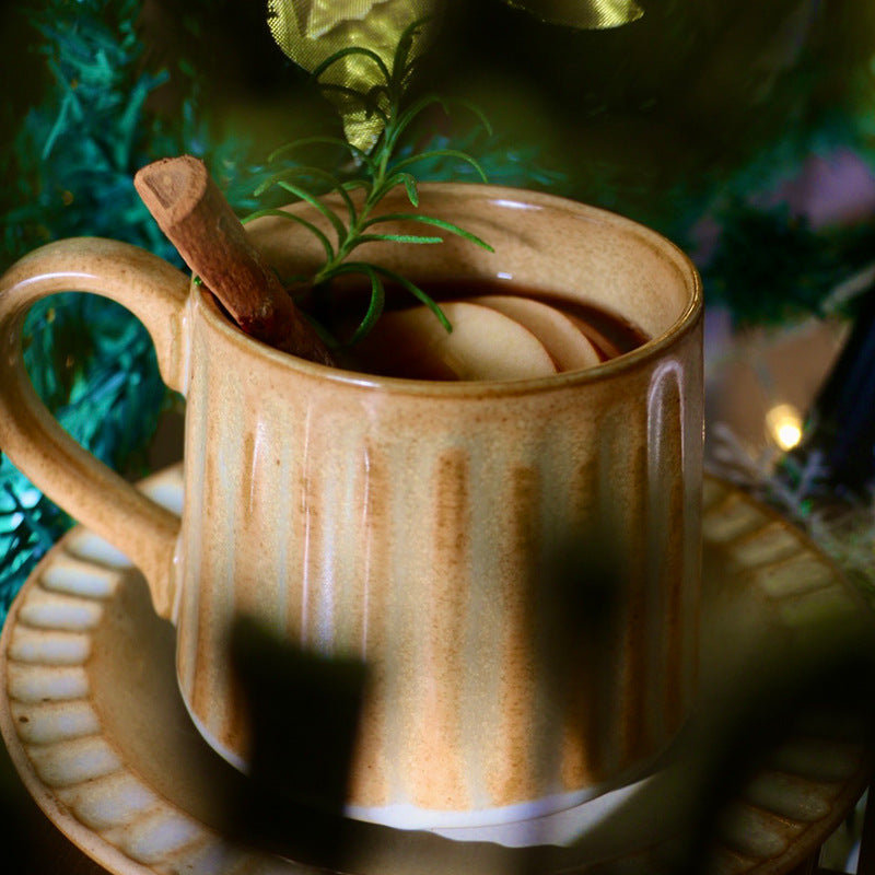 Japanese Retro Exquisite Afternoon Tea Latte Art Striped Coffee Cup and Saucer Ceramic Set Office Milk Breakfast Cup
