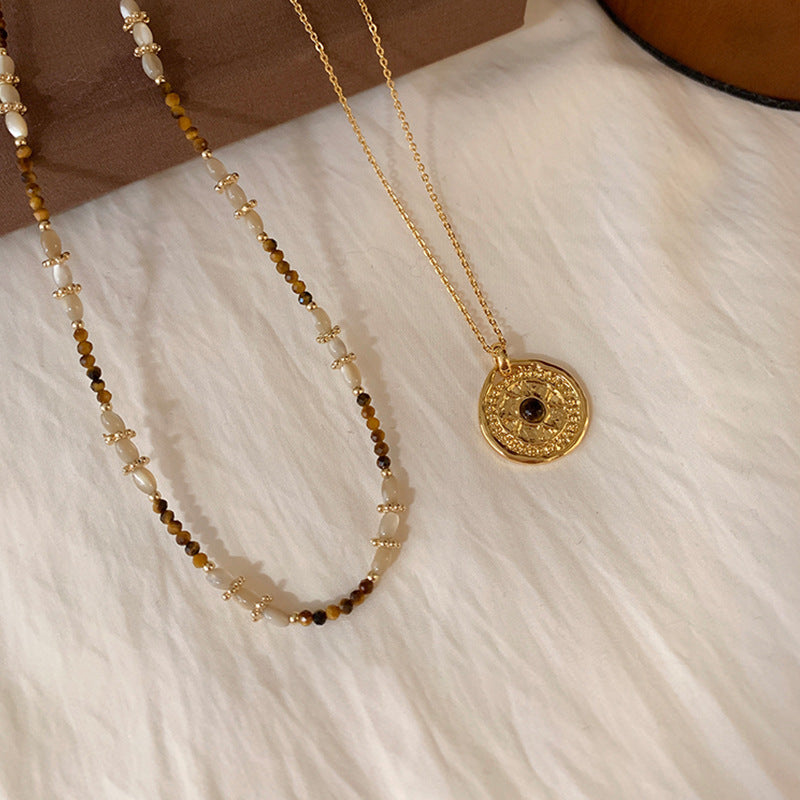 Milad Style Natural Stone Beaded Compass Pendant Layered Necklace for Women, Light Luxury Retro Versatile Choker Collarbone Chain