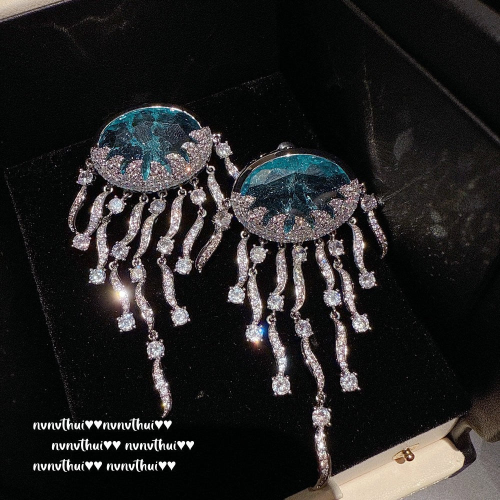Sparkling PA Pink Cloud Pattern Jellyfish Tassel Gem Earrings Rich Woman's Happy Egg-Shaped Princess Pink Earrings