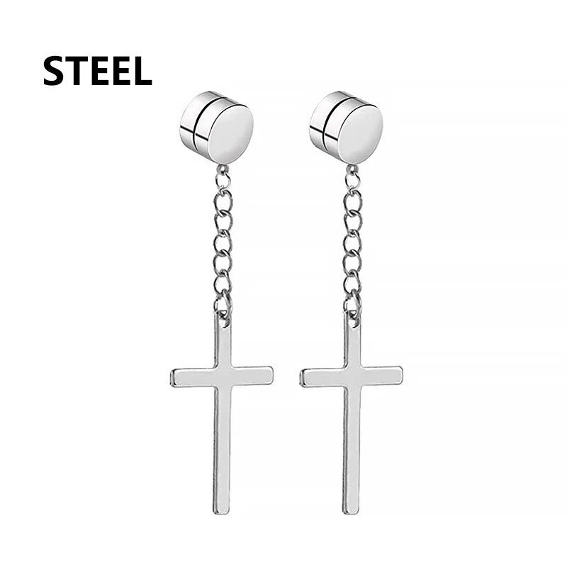 1 Pair Punk Stainless Steel Cross Stars Pendant Ear Clip No Piercing Earrings For Women Hiphop Fashion No ear hole Men Jewelry