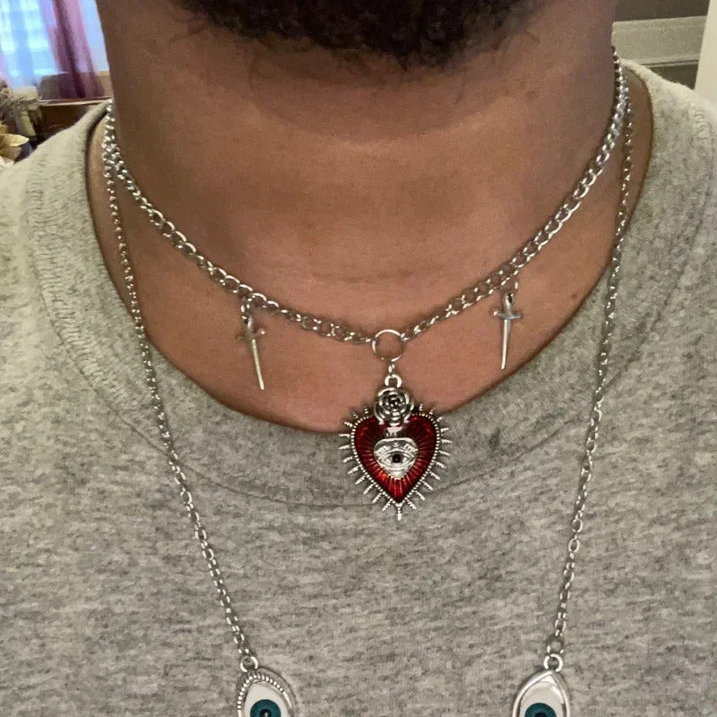 Goth Gothic Peach Heart Flower Sword Eye Cross Pendant Choker Chain Necklace For Man Women New Fashion Jewelry Vintage Punk