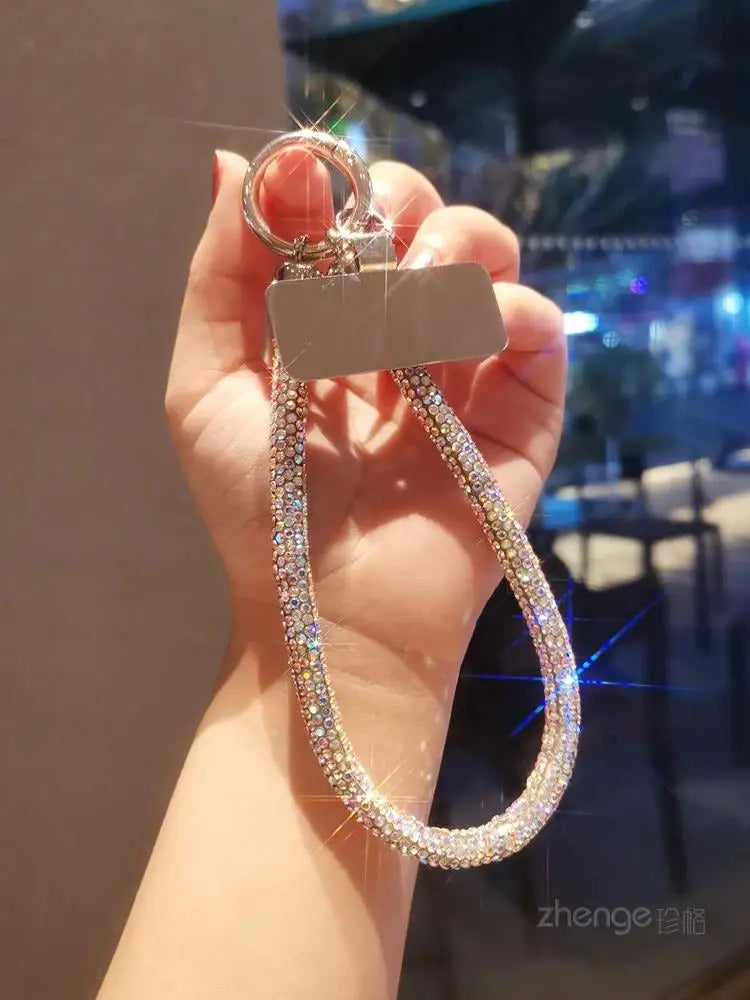 1pc Short Full Diamond Mobile Phone Lanyard Women's Small Fragrant Wind Short Wrist Case Universal Anyard Metal Clip Lanyard