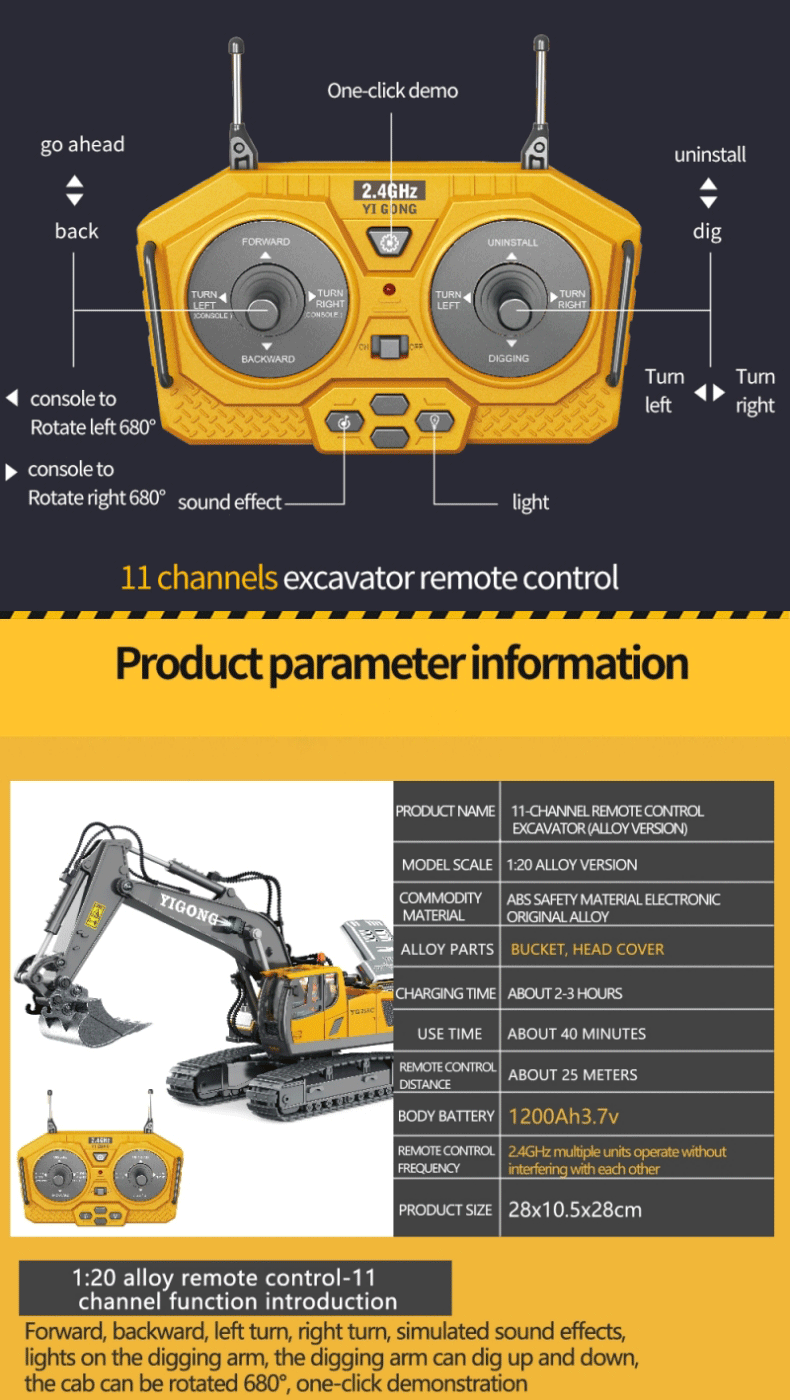 2.4G Remote Control Excavator Dump Truck RC Model Car Toy Professional Alloy Plastic Simulation Construction Vehicle for Kids