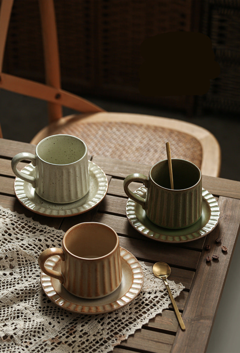 Japanese Retro Exquisite Afternoon Tea Latte Art Striped Coffee Cup and Saucer Ceramic Set Office Milk Breakfast Cup