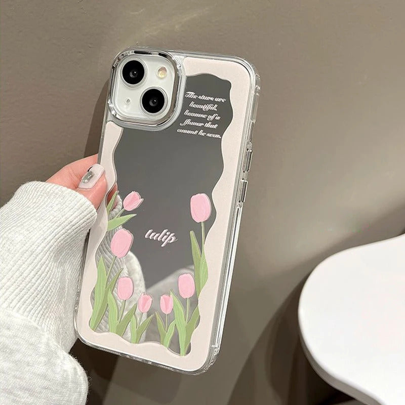 Tulip Flowers Mirror Glass Case For iPhone 11 Pro Max 16 14 13 Pro 12 15 XR XS Max X Case Square Floral Leaf Lette Pattern Cover