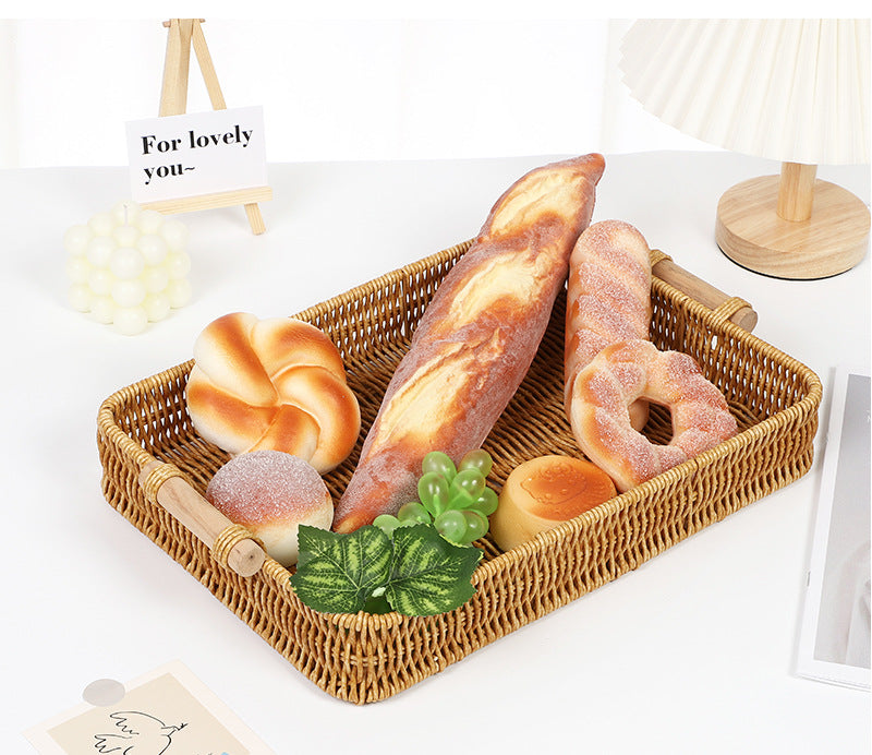 Fruit Plate Hand-Woven Japanese Bread Basket Steamed Bun Basket Living Room Household Storage Basket Rattan Double Ear Tray