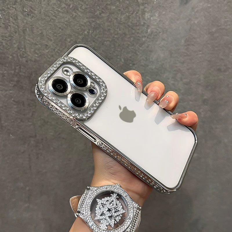 Double Row Diamond Compatible with iPhone 15 Pro Max Phone Case Electroplated Diamond Inlaid Transparent Soft Case Apple 16 Full Coverage Anti-drop
