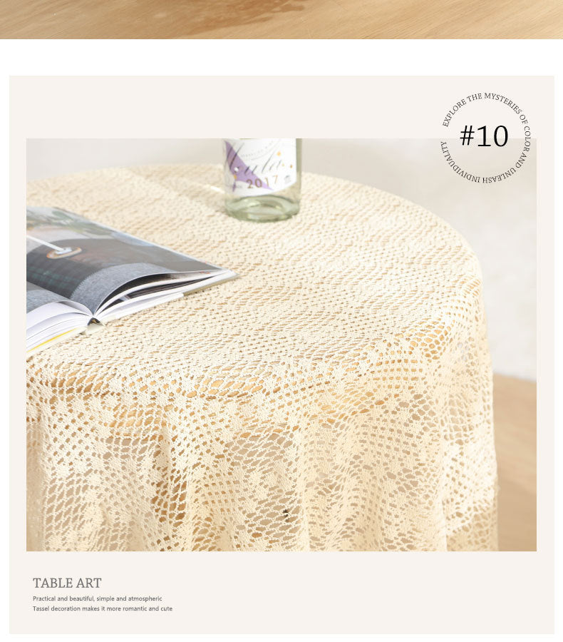 American Pastoral Cotton Woven Tablecloth Lace Hollow Crochet Tassel Dining Tablecloth French Cover Cloth Vintage Ins Tablecloth
