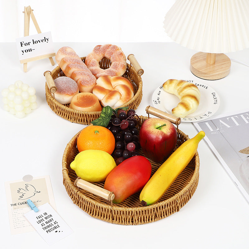 Fruit Plate Hand-Woven Japanese Bread Basket Steamed Bun Basket Living Room Household Storage Basket Rattan Double Ear Tray