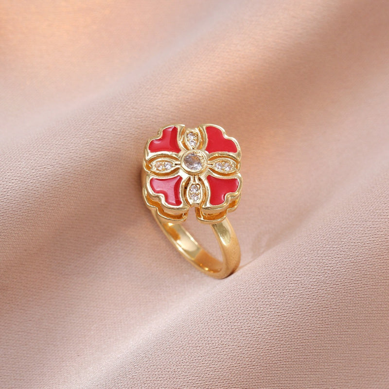 Rotating Ring for Women with Micro Paved Zircon, Elegant and Minimalist Style, Versatile Full Diamond Round Clover Ring Jewelry