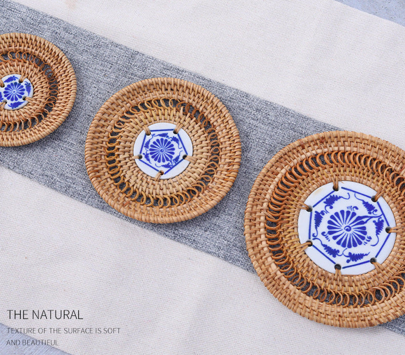 In Stock Vietnam Rattan Coaster Handmade Round Tabletop Tea Coaster Autumn Rattan Dining Table Western Food Mat Heat Insulation Tea Set Accessories