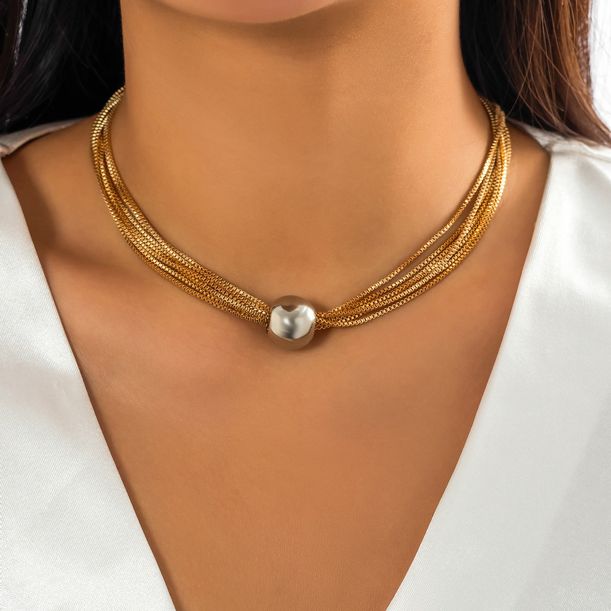 Cross-Border Exaggerated Punk Multi-Layer Chain Stacked Necklace Simple Niche Geometric Ball Personality Choker Necklace