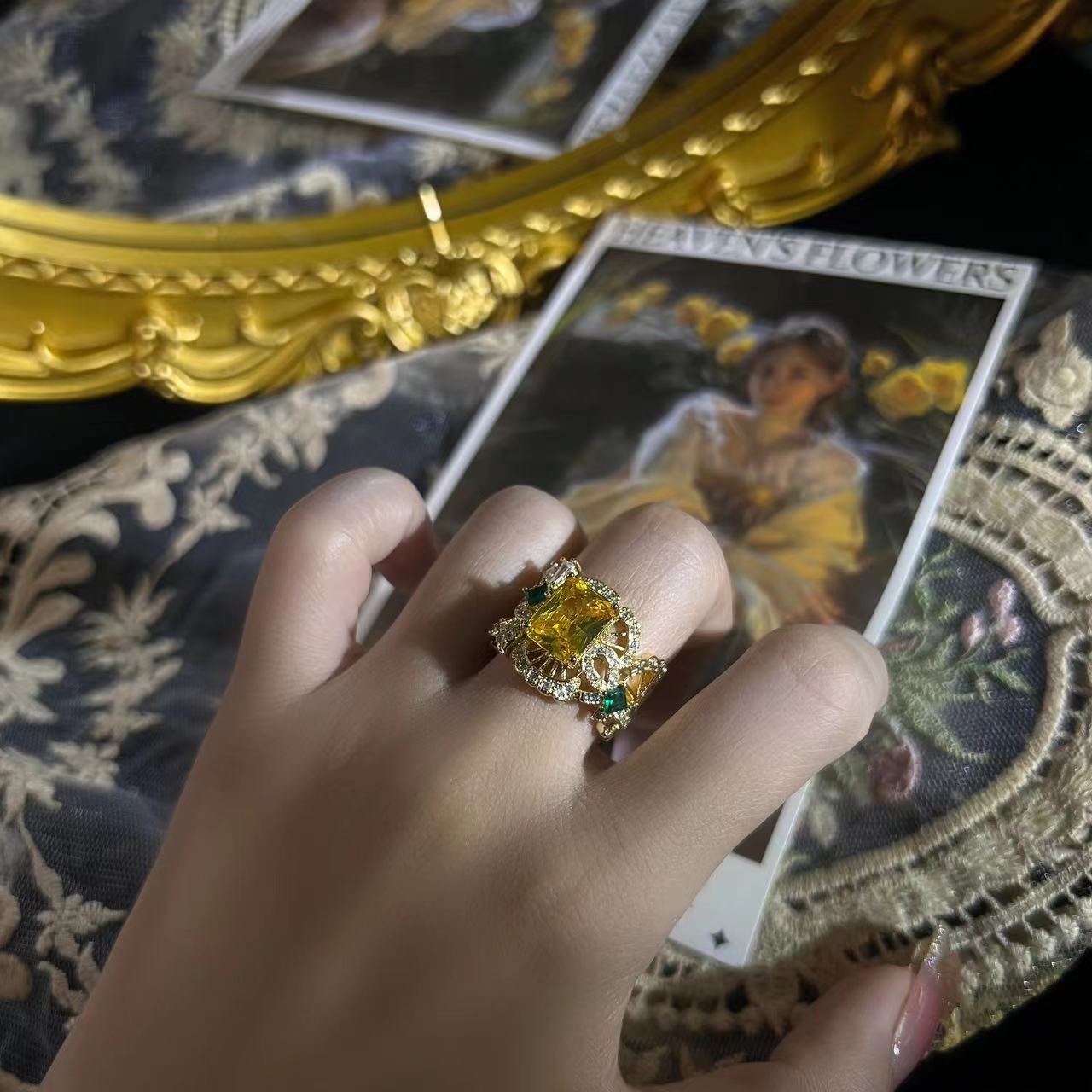 Vintage European and American Hot-Selling Retro Hollow Ring High-End Vintage Custom Temperament Versatile Gemstone Ring