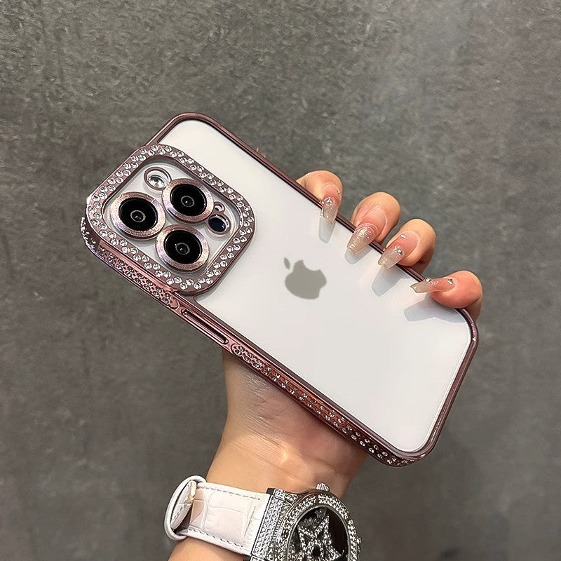 Double Row Diamond Compatible with iPhone 15 Pro Max Phone Case Electroplated Diamond Inlaid Transparent Soft Case Apple 16 Full Coverage Anti-drop